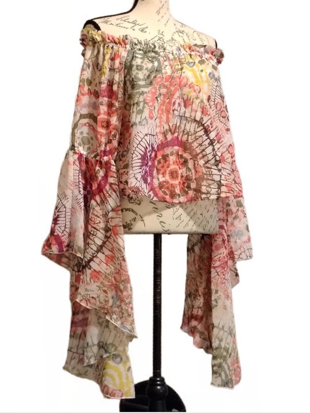 Floral Hippie Boho Sheer Off-Shoulder Shirt-Multicolor w/ butterfly bell sleeves
